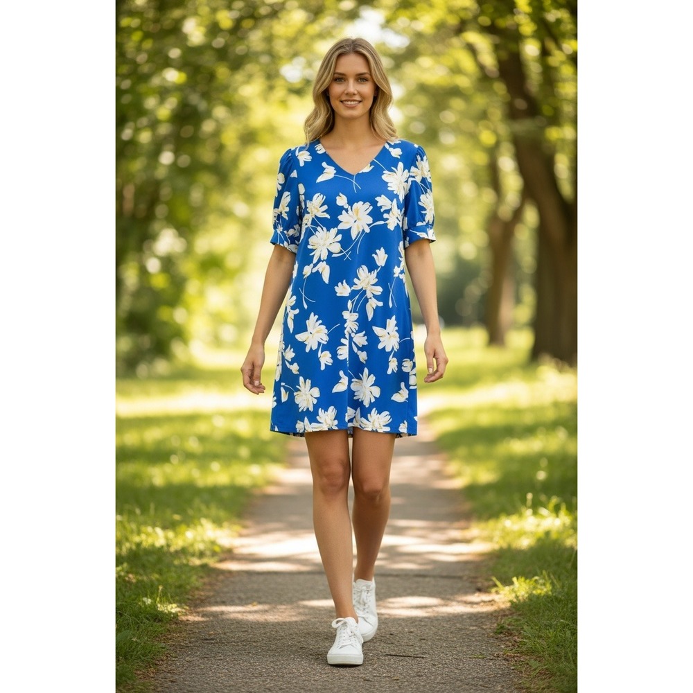 Tommy Hilfiger Women's Size 6 Blue Floral V-Neck Puff Sleeve Shift‎ Dress